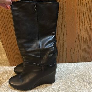Prada Lamb Skin Wedge Mid Calf Boots